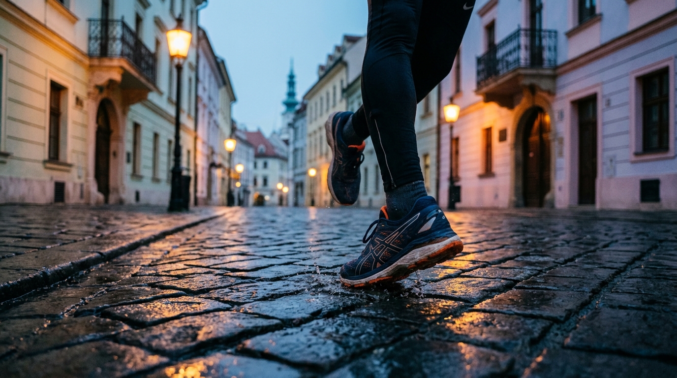 Bežecké topánky na vlhkej dlažbe bratislavského Starého Mesta